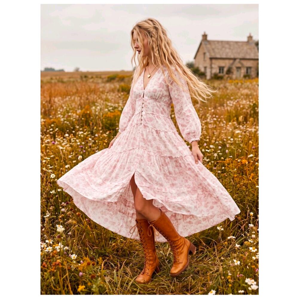 Free People Pappiet Midi Pink White Floral Boho VNeck Tiered Long Sleeve Dress - Picture 2 of 9